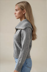 Emily Oversized Collar Zip Knitted Cardigan - Grey