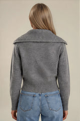 Emily Oversized Collar Zip Knitted Cardigan - Grey