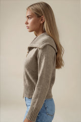 Emily Oversized Collar Zip Knitted Cardigan - Taupe