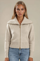 Emily Oversized Collar Zip Knitted Cardigan - Beige