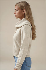 Emily Oversized Collar Zip Knitted Cardigan - Beige