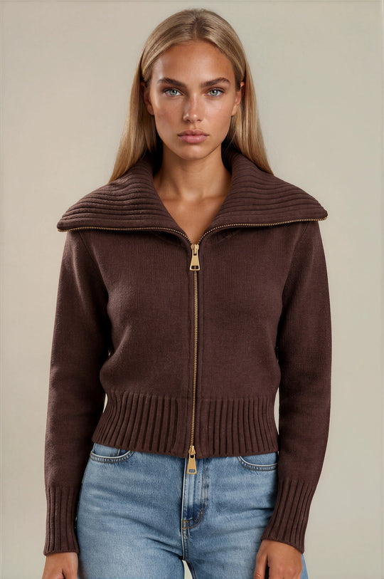 Emily Oversized Collar Zip Knitted Cardigan - Chocolate