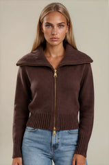 Emily Oversized Collar Zip Knitted Cardigan - Chocolate