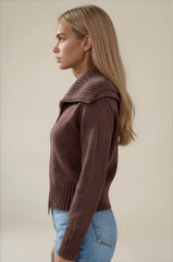 Emily Oversized Collar Zip Knitted Cardigan - Chocolate