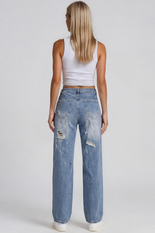 Becky Distressed Wide Leg Boyfriend Jeans – Light Blue