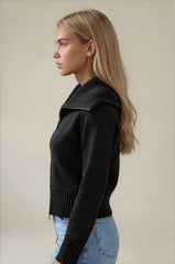 Emily Oversized Collar Zip Knitted Cardigan - Black