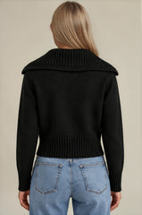 Emily Oversized Collar Zip Knitted Cardigan - Black