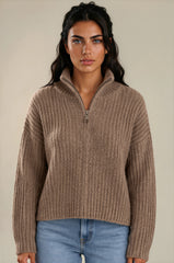 Maya Ribbed Zip Neck Knit Jumper - Taupe