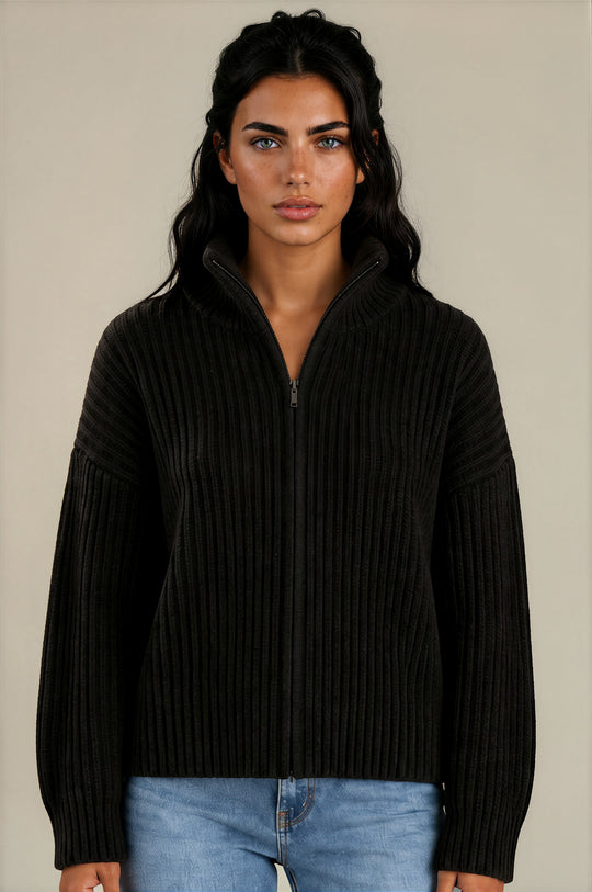 Maya Ribbed Zip Neck Knit Jumper - Black