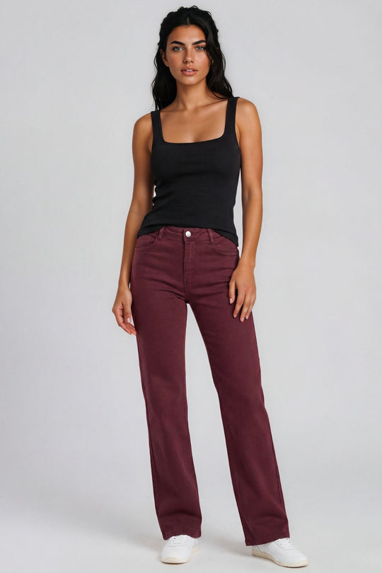 Rosalie Plain Stretch Denim Wide Leg Jeans – Wine Red