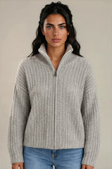 Maya Ribbed Zip Neck Knit Jumper - Light Grey