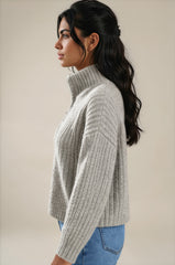 Maya Ribbed Zip Neck Knit Jumper - Light Grey