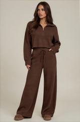 Tilly Premium Knit Zip Wide Leg Co-Ord Set – Chocolate Brown