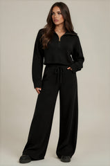 Tilly Premium Knit Zip Wide Leg Co-Ord Set – Black