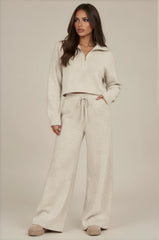Tilly Premium Knit Zip Wide Leg Co-Ord Set – Beige