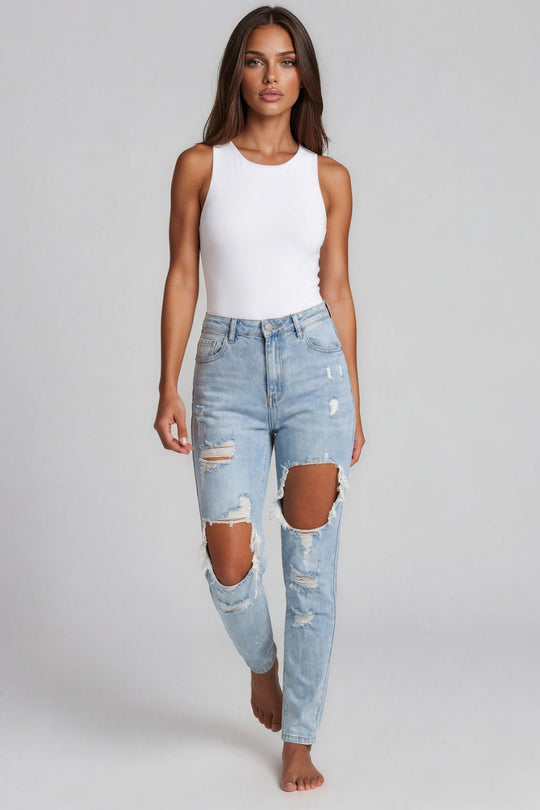 Eden Ripped Skinny Mom Jeans – Light Wash Denim