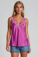 Skyler Satin Lace Trim Cami Top - Plum