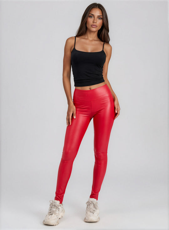 Athena High Waist Faux Leather Leggings - Red