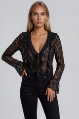Phoebe Lace Frill Tie Front Top - Black