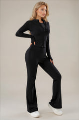 Amaya Ruched Bum Flared Zip Co-Ord Set - Black