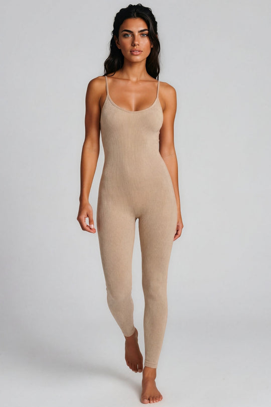 Tatiana Ribbed Seamless Unitard Jumpsuit – Beige