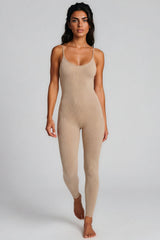 Tatiana Ribbed Seamless Unitard Jumpsuit – Beige