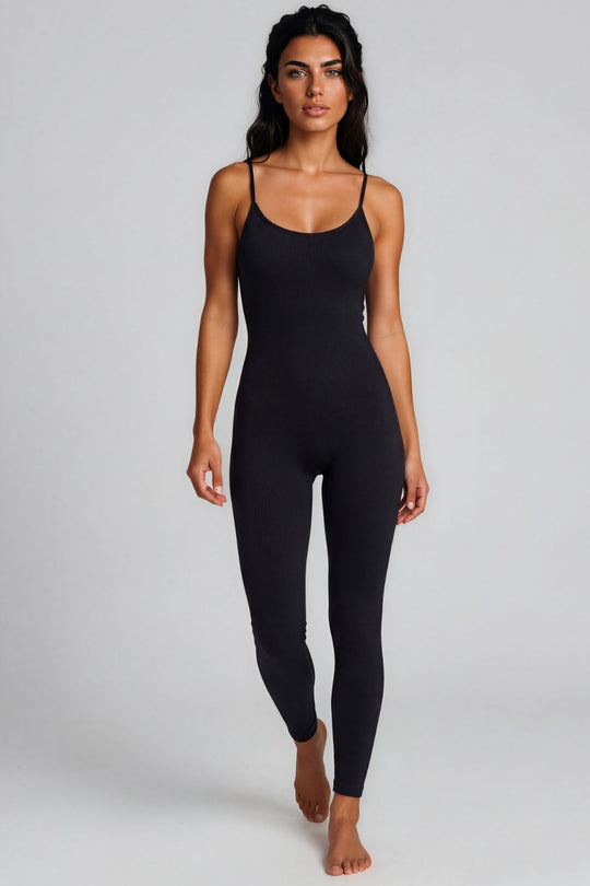 Tatiana Ribbed Seamless Unitard Jumpsuit – Black