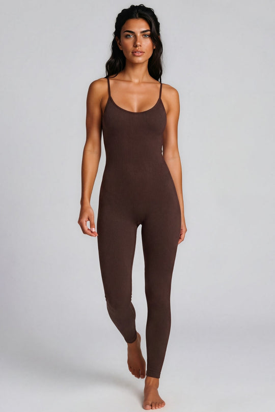 Tatiana Ribbed Seamless Unitard Jumpsuit – Chocolate Brown