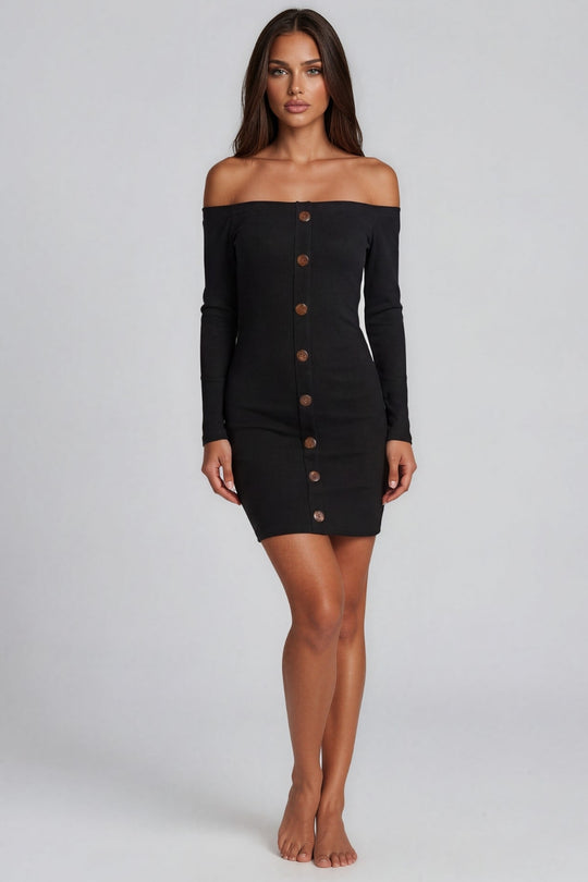 Jade Ribbed Button Bardot Mini Dress - Black