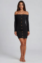 Jade Ribbed Button Bardot Mini Dress - Black