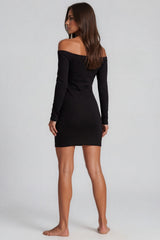 Jade Ribbed Button Bardot Mini Dress - Black