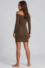 Jade Ribbed Button Bardot Mini Dress - Khaki