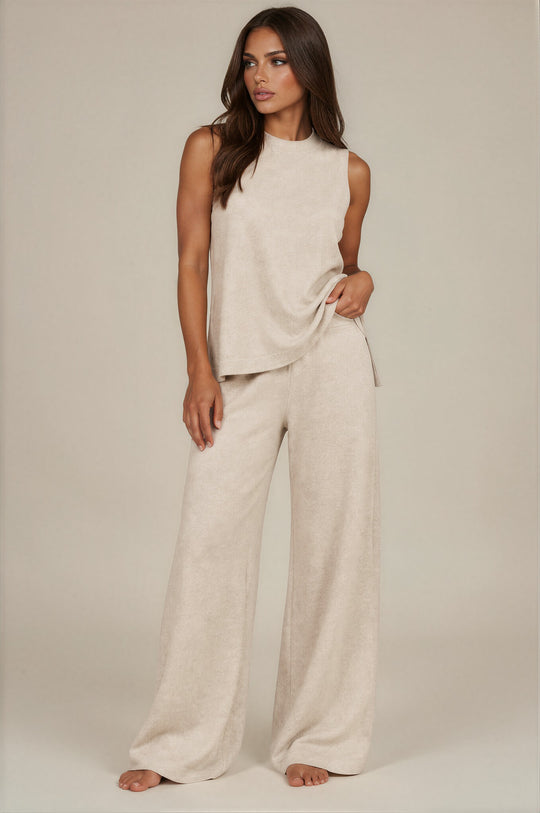 Freya Luxury Knit Wide Leg Co-Ord Set – Beige