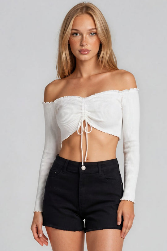 Brynlee Ribbed Ruched Front Bardot Crop Top - White