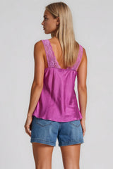 Skyler Satin Lace Trim Cami Top - Plum
