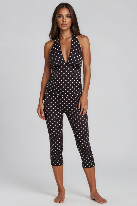 Nicole Polka Dot Halterneck Capri 2 Piece Set - Black