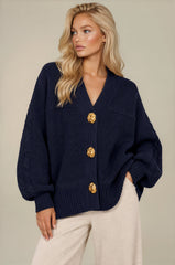 Isla Oversized Gold Button Knit Cardigan – Navy