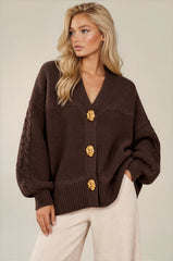 Isla Oversized Gold Button Knit Cardigan – Chocolate Brown