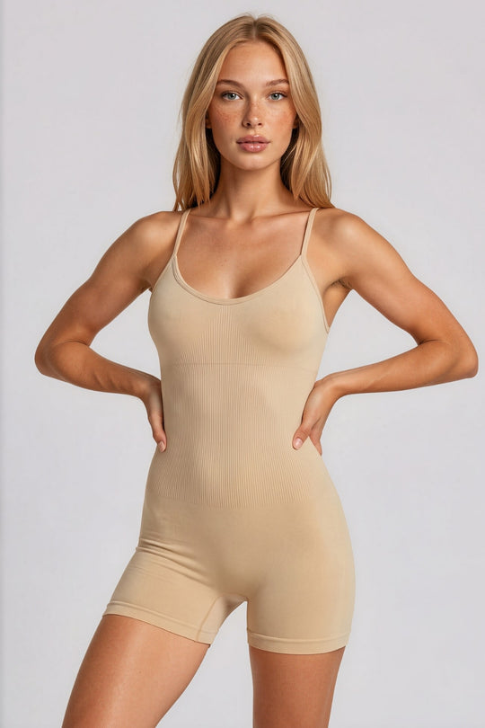 Ember Ribbed Seamless Unitard Playsuit – Beige