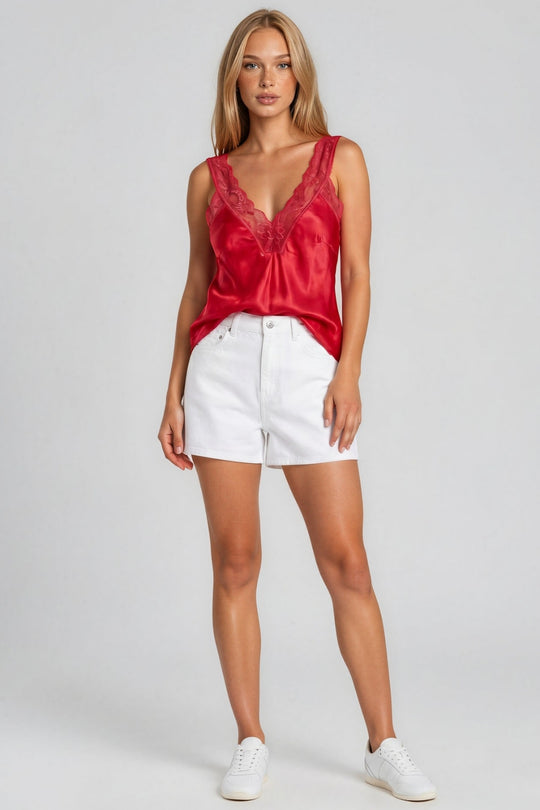 Skyler Satin Lace Trim Cami Top - Red