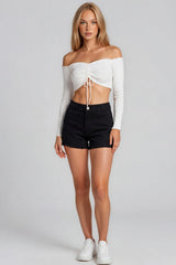 Brynlee Ribbed Ruched Front Bardot Crop Top - White