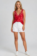 Skyler Satin Lace Trim Cami Top - Red