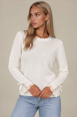 Poppy Lace Cuff Bow Detail Knitted Jumper - Cream