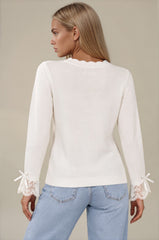 Poppy Lace Cuff Bow Detail Knitted Jumper - Cream
