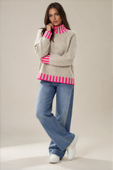 Isabella Contrast Trim Roll Neck Jumper - Stone/Neon Pink