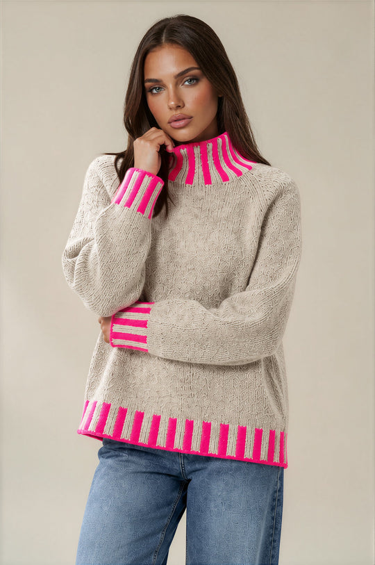 Isabella Contrast Trim Roll Neck Jumper - Stone/Neon Pink