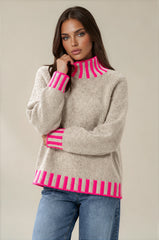 Isabella Contrast Trim Roll Neck Jumper - Stone/Neon Pink