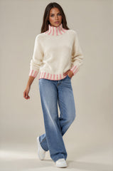 Isabella Contrast Trim Roll Neck Jumper - Cream / Pink