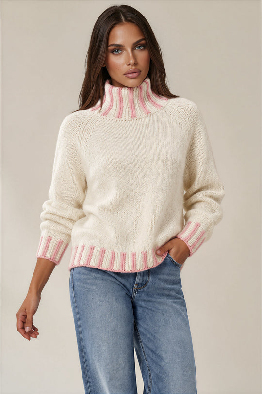 Isabella Contrast Trim Roll Neck Jumper - Cream / Pink