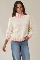 Isabella Contrast Trim Roll Neck Jumper - Cream / Pink